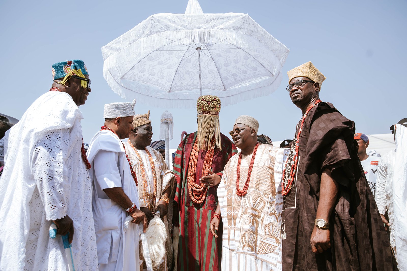 Oba Ghandi Olaoye at the coronation ceremony in Ogbomoso, surrounded by traditional leaders and dignitaries.